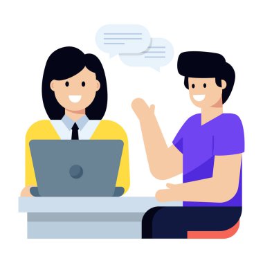 Dizüstü bilgisayarı ve konuşma balonu vektör çizimi olan insanlar