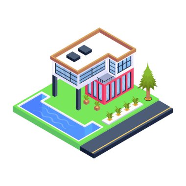 Şehir inşa eden vektör illüstrasyonlu izometrik ev