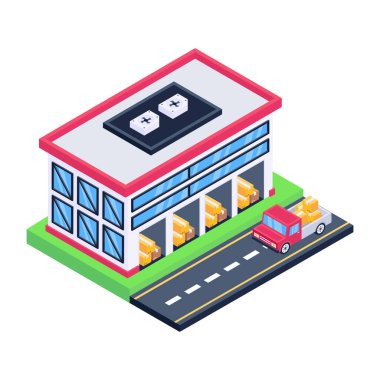 Bir depo binasının izometrik vektör çizimi