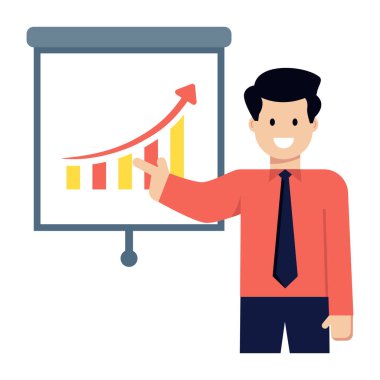 Grafik grafiği ve istatistik vektör illüstrasyonuna sahip iş adamı