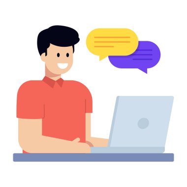 Dizüstü bilgisayarı ve konuşma balonu vektör çizimi olan adam