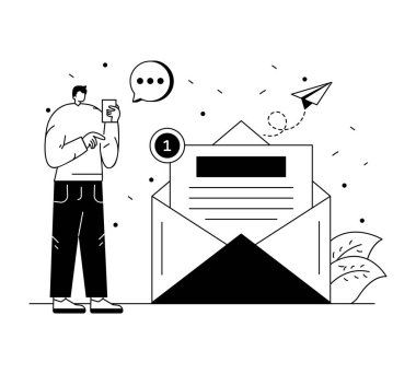 Zarf ve e-posta ileti vektör illüstrasyon tasarımına sahip iş adamı