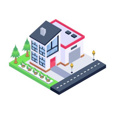 Yol vektör illüstrasyon tasarımlı izometrik şehir binası