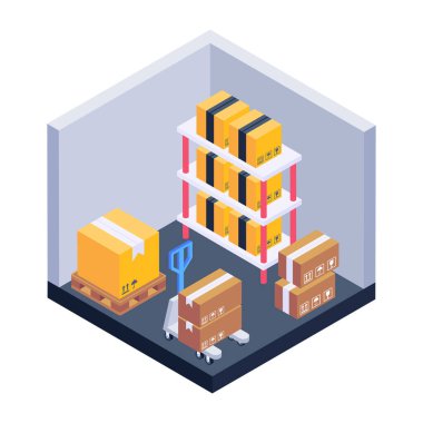 Bir bina ve büyük bir kutu ile bir deponun izometrik üç boyutlu çizimi