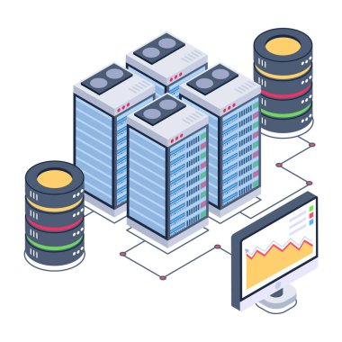 Veritabanı ve bulut hesaplama vektörü illüstrasyonlu izometrik veri sunucu odası