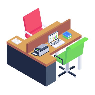 Bilgisayar ve tablo vektör illüstrasyonlu izometrik ofis masası