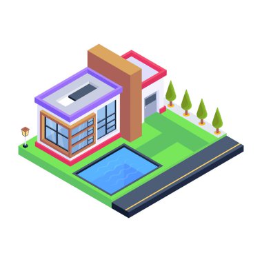 Ev ve yol vektör illüstrasyon tasarımlı izometrik şehir binası