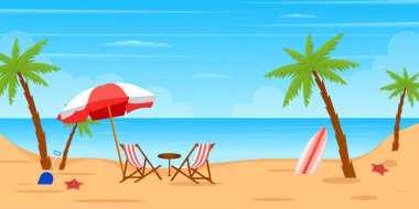 Deniz zemininde plaj sandalyeleri ve şemsiye. vektör illüstrasyonu