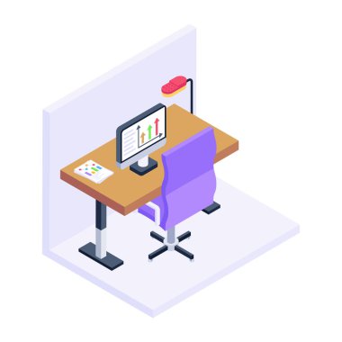 Modern ofis ve işyerinin izometrik çizimi.