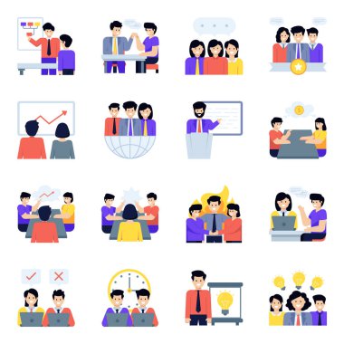 İş adamları, ekip, takım çalışması, iletişim, sosyal ağ, vektör illüstrasyonu