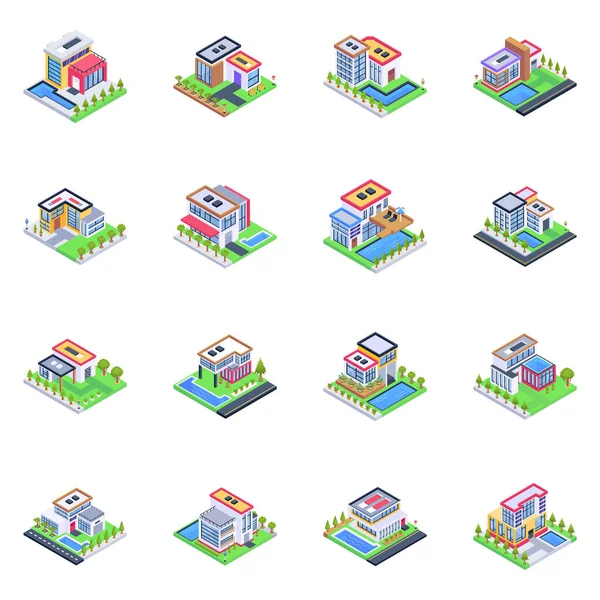 Conjunto Iconos Isométricos Del Edificio Ciudad Casas Casa Calle Arquitectura — Vector de stock