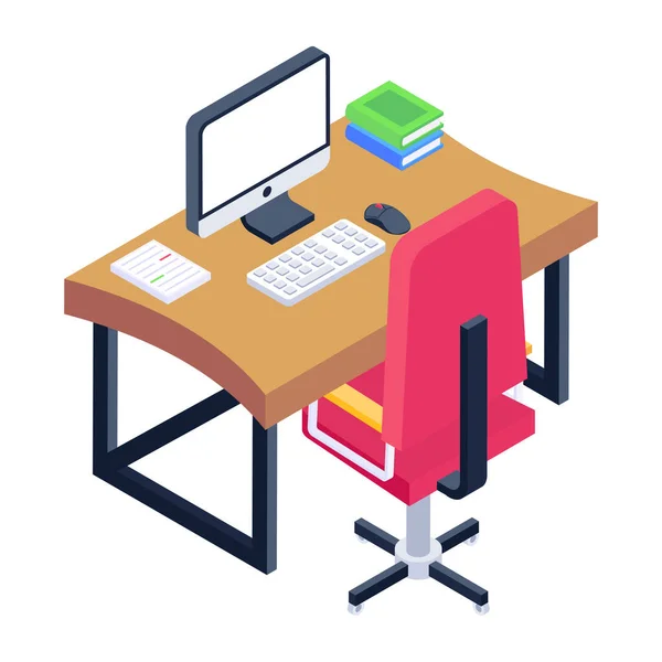 Meja Kantor Dengan Komputer Dan Desain Gambar Vektor Kursi - Stok Vektor
