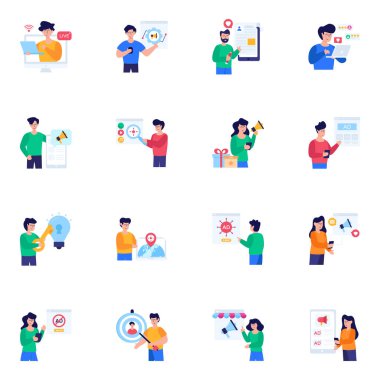 Farklı meslekler, işletmeler, yönetim, insanlar ve diğer kullanıcıların vektör simgeleri.