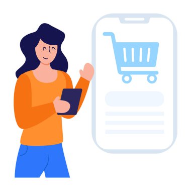 woman with shopping cart and smartphone vector illustration design