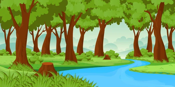Illustration Einer Wunderschönen Landschaft Mit Fluss Und Wald — Stockvektor