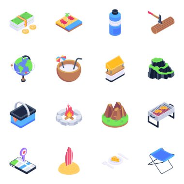 izometrik simgeler ayarlandı. Web için seyahat vektörü sembolünün çizgi film çizimi