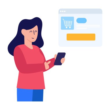 Akıllı telefon ve alışveriş arabası çizimi olan bir kadın.