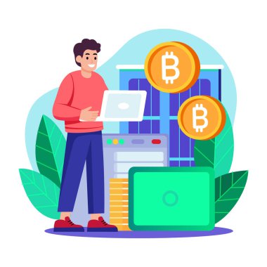 Bitcoin alıcısını eylem halinde gösteren düz biçim illüstrasyonu