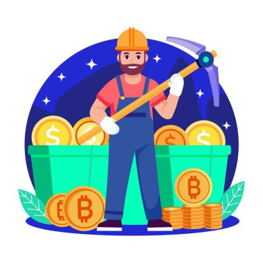 Bitcoin madenciliğini araçla gösteren düz biçim illüstrasyonu
