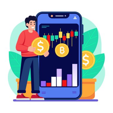 Mobil ticareti gösteren düz biçim illüstrasyonu