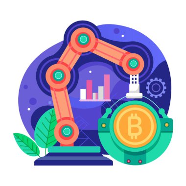 Otomatik bitcoin ticaretini gösteren düz biçim illüstrasyonu