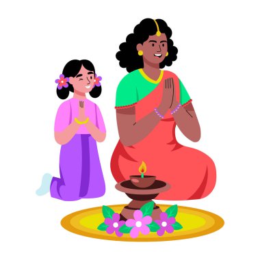 Diwali duaları yapan karakterleri resmeden düz bir çizim