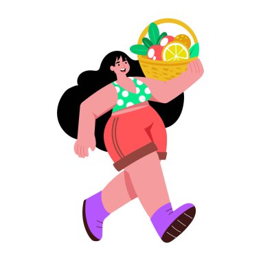 Meyve sepeti tutan bir karakteri resmeden düz bir çizim.