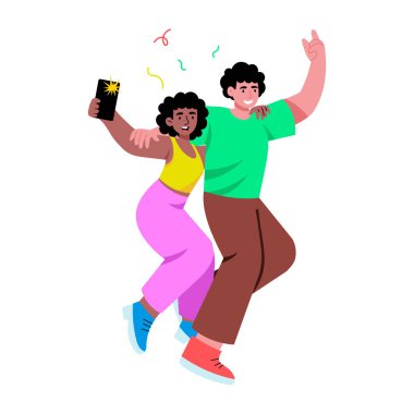 Arkadaşla selfie çeken bir karakteri resmeden düz bir çizim.