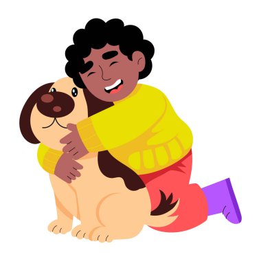 Karaktere sarılan bir evcil hayvanı tasvir eden düz bir resim