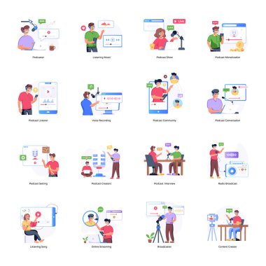 Podcast Düz Çizimler Koleksiyonu