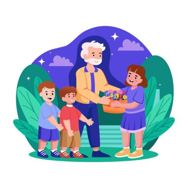 Çiçek veren birini gösteren düz bir çizim