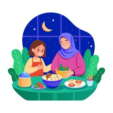 Yemek masasını bir araya getiren anne kızın düz çizimi.