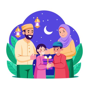 Bir ailenin bayram gününün tadını çıkardığını gösteren düz bir resim.