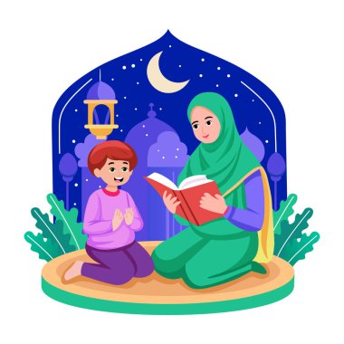 Düz çizim, bir çocuğun annesinden Kuran öğrendiğini gösteriyor.