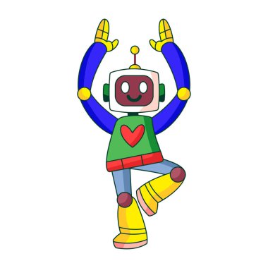 Denge egzersizleri yapan bir robot karakteri gösteren düz çizimler