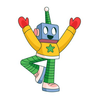 Bir robot karakteri yoga yaparken gösteren düz çizimler.