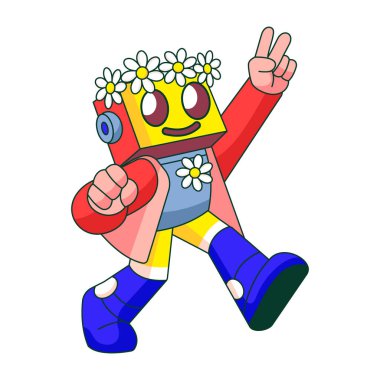 Çiçekli taç takan bir robot karakteri gösteren düz çizimler.