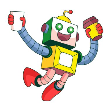 Bir robot karakterin kahve içişini gösteren düz bir çizim.