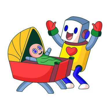 Bebek tutan bir robot karakteri gösteren düz bir çizim