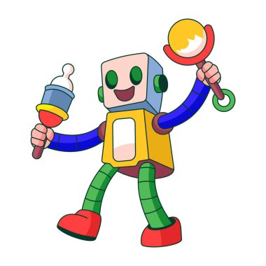 Bebek şişesi tutan robot karakteri gösteren düz bir çizim.