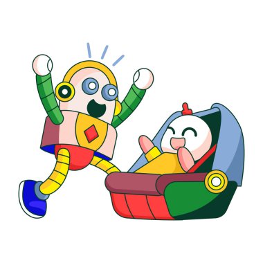 Bebek bakımı yapan bir robot karakteri gösteren düz bir çizim