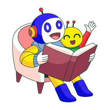 Kitap okuyan bir robot karakteri gösteren düz bir çizim