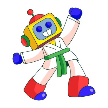 Bir robot karakterin dövüş sanatları çalışmasını gösteren düz bir çizim.