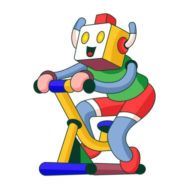 Düz çizim sabit bisiklette bisiklet süren bir robot karakteri gösteriyor