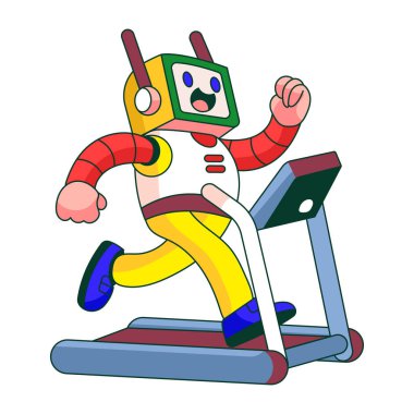Koşu bandında koşan bir robot karakteri gösteren düz çizimler