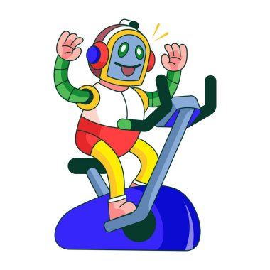Beden eğitimi bisikletinde egzersiz yapan robot bir karakteri gösteren düz çizimler