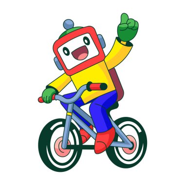 Düz çizim, dışarıda bisiklet süren bir robot karakteri gösteriyor