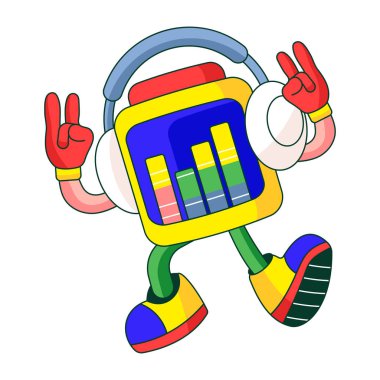 Oyun kulaklığı takan bir robot karakteri gösteren düz çizimler