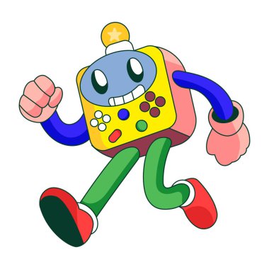 Oyun kumandası kullanan bir robot karakteri gösteren düz çizimler