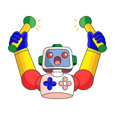Oyun kumandası tutan robot bir karakteri gösteren düz bir çizim